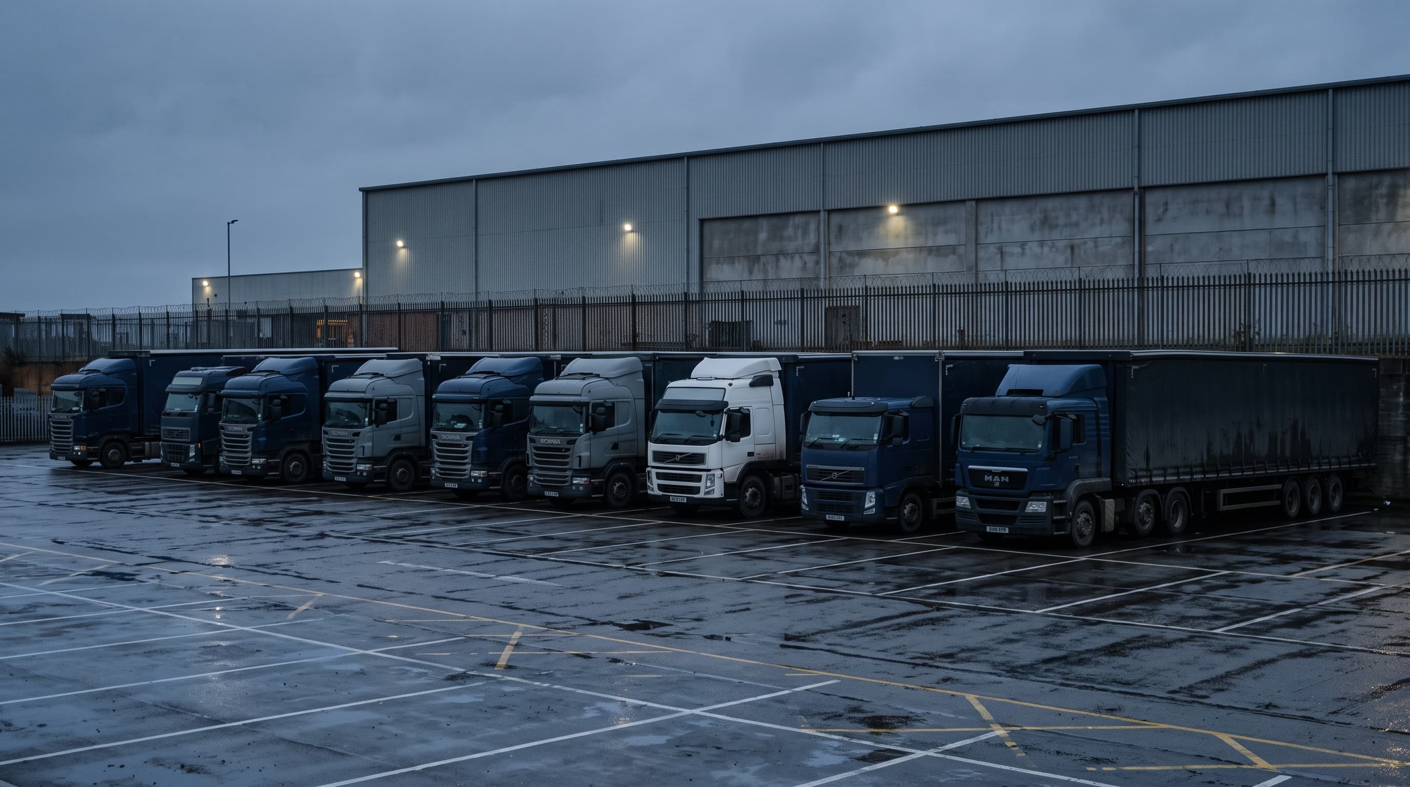 Commercial trucks and trailers parked in a transport depot yard at dawn