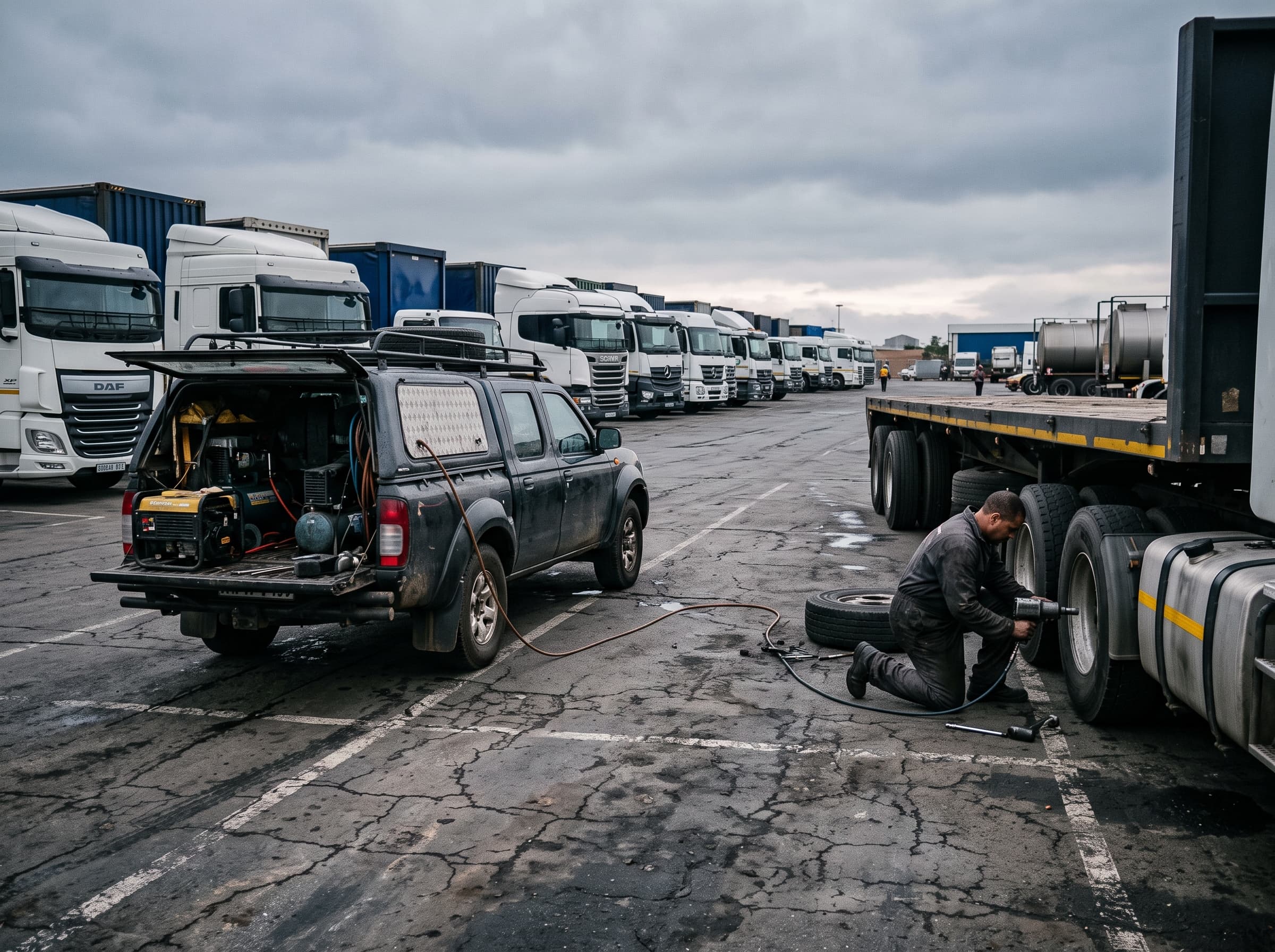 A mobile tyre service vehicle working alongside parked trucks inside a fleet depot yard