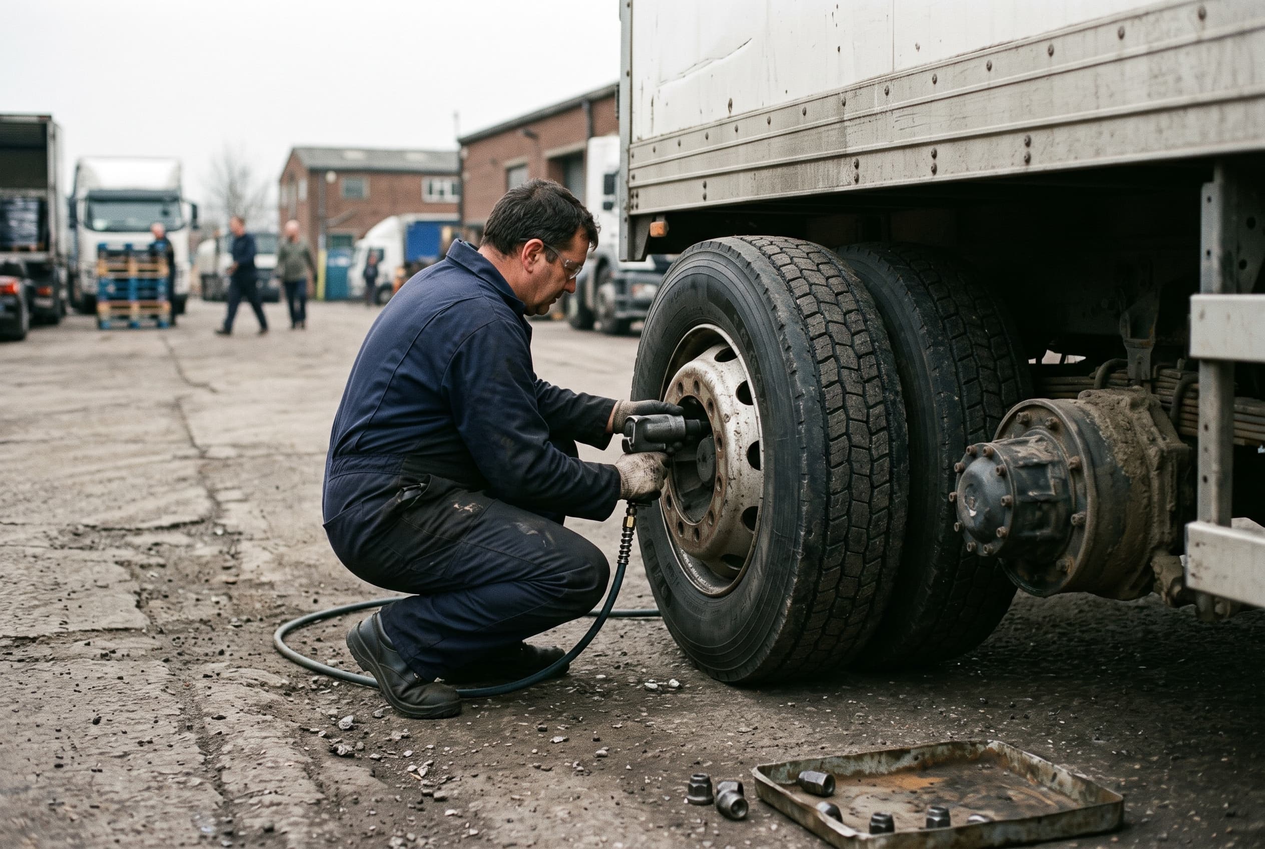 A fitter working on the rear wheels of a freight truck in a depot yard