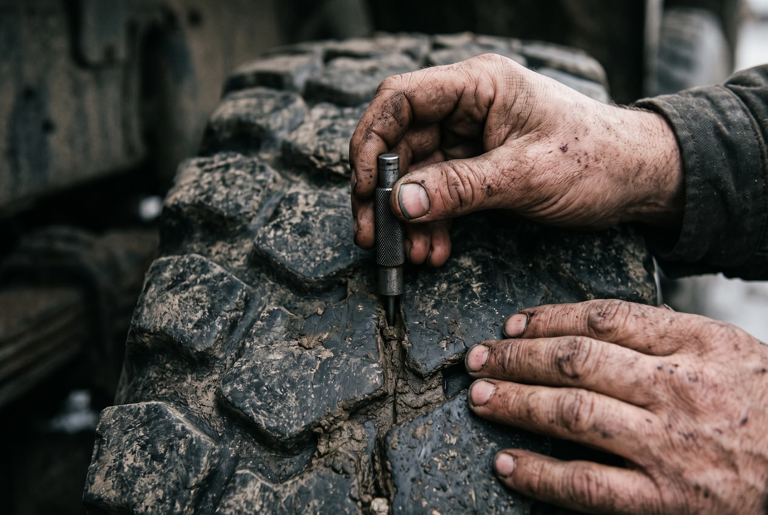 A tread depth gauge held against the tread blocks of a heavy truck tyre