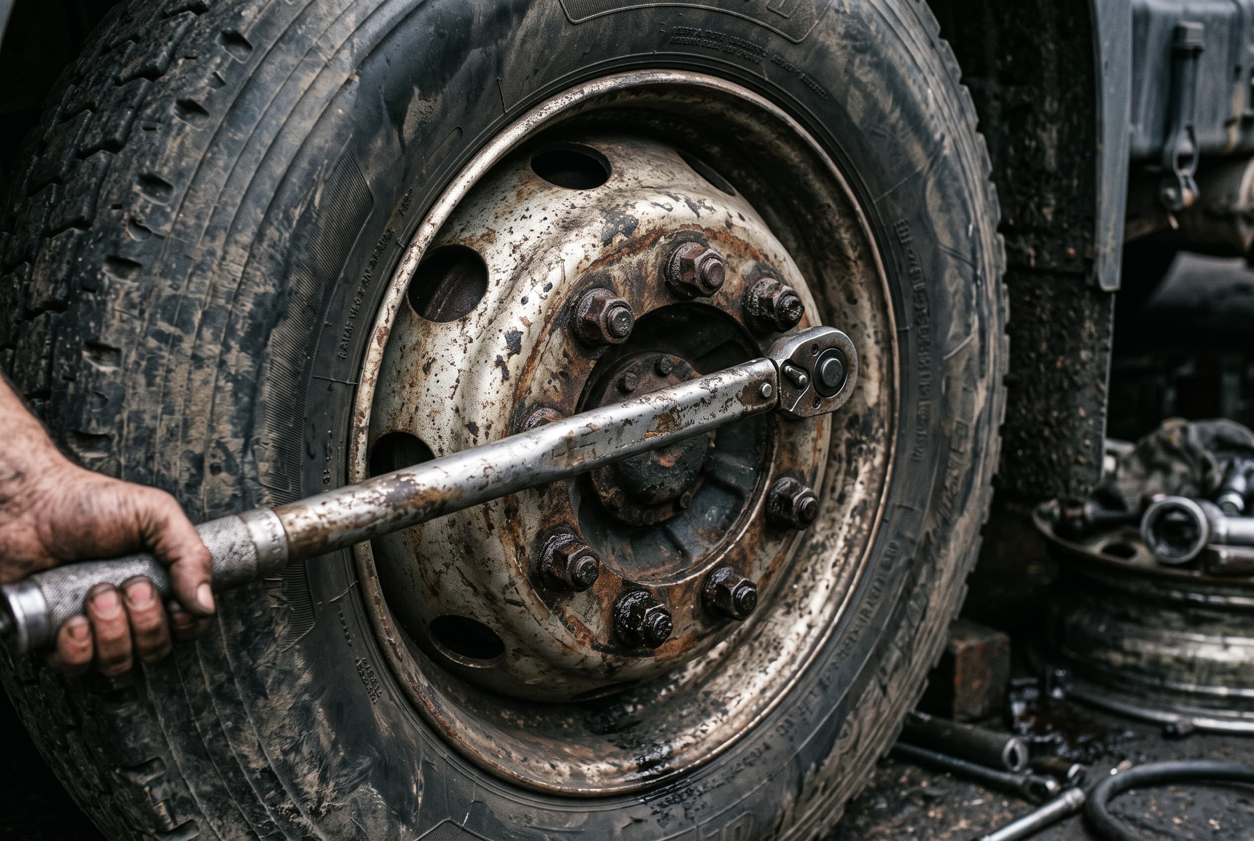 A torque wrench being used on the wheel nuts of a heavy truck steel rim